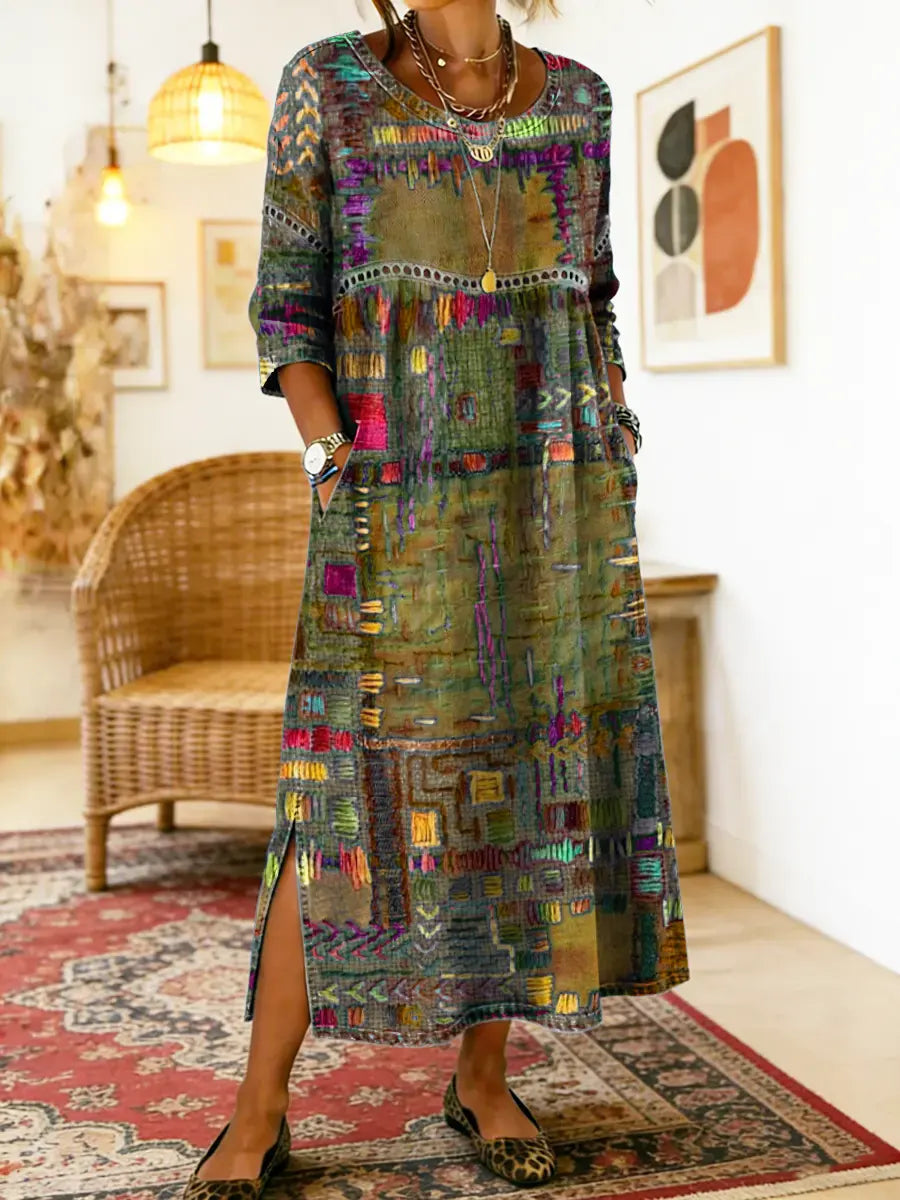 Manuela denim jurk met etnische patchwork