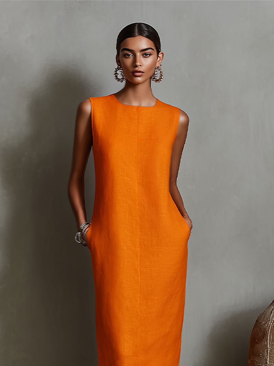 Dames Oranje Linnen Shift Jurk Met Mouwloze Ronde Hals & Zakken Aan De Zijkant, Tijdloze Minimalistisch-Elegante Stijl Jurk MDZ2851C7I