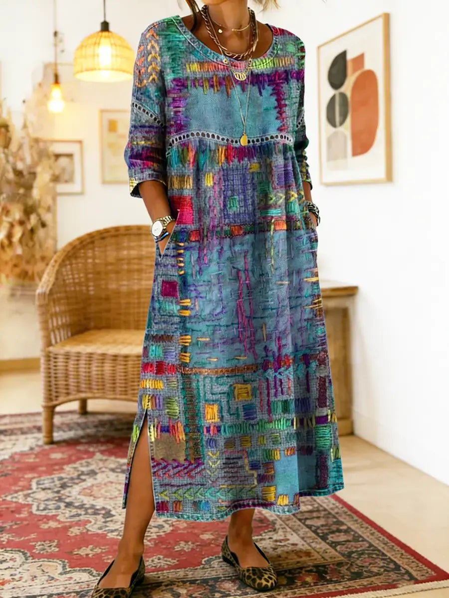 Manuela denim jurk met etnische patchwork