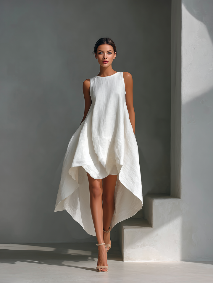 Vrouwen Witte Linnen Stoffen Mouwloze Midi Jurk Met Ronde Hals & Asymmetrische Zoom MDZ0987B9T