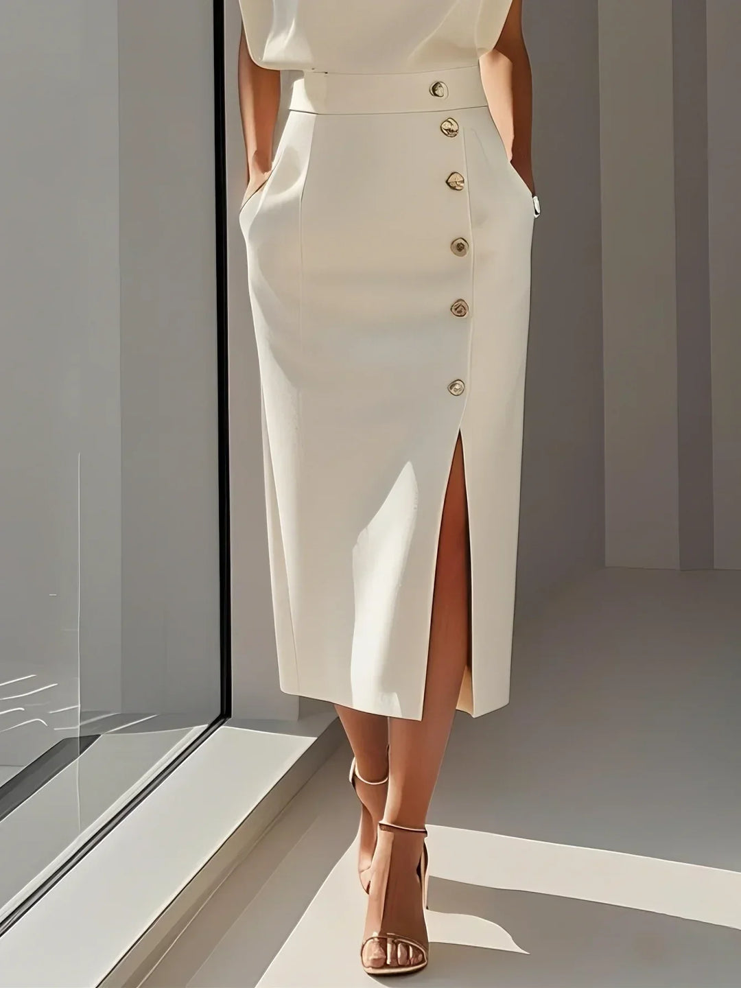Malene™ | Effen midi-jurk met knoopsluiting en ronde hals