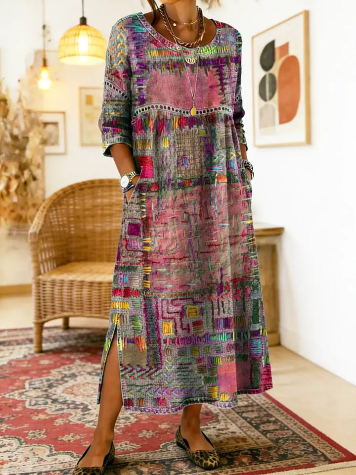 Manuela denim jurk met etnische patchwork