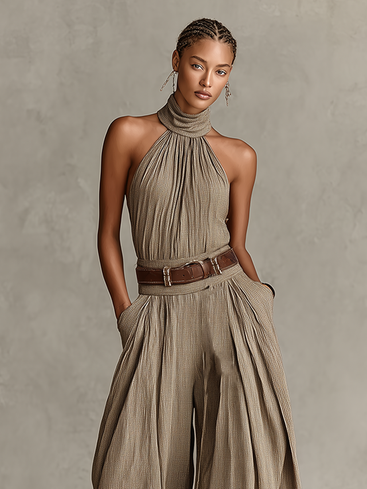 Dames Taupe Katoenmix Jumpsuit Met Halternek & Brede Pijpen, Tijdloze Boho-Elegante Stijl Jumpsuit (Zonder Riem) MDZ0940C3I