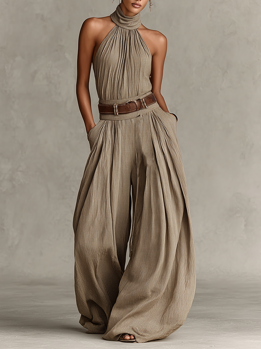 Dames Taupe Katoenmix Jumpsuit Met Halternek & Brede Pijpen, Tijdloze Boho-Elegante Stijl Jumpsuit (Zonder Riem) MDZ0940C3I