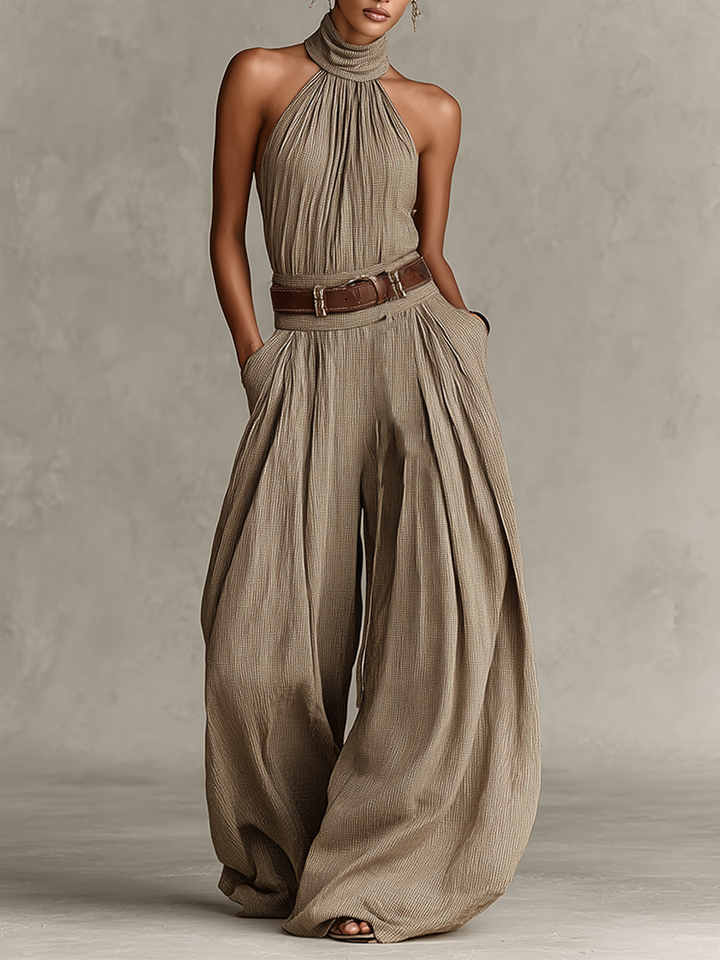 Dames Taupe Katoenmix Jumpsuit Met Halternek & Brede Pijpen, Tijdloze Boho-Elegante Stijl Jumpsuit (Zonder Riem) MDZ0940C3I