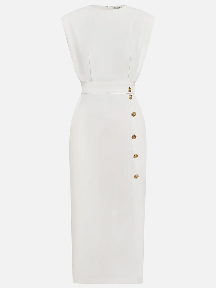 Malene™ | Effen midi-jurk met knoopsluiting en ronde hals