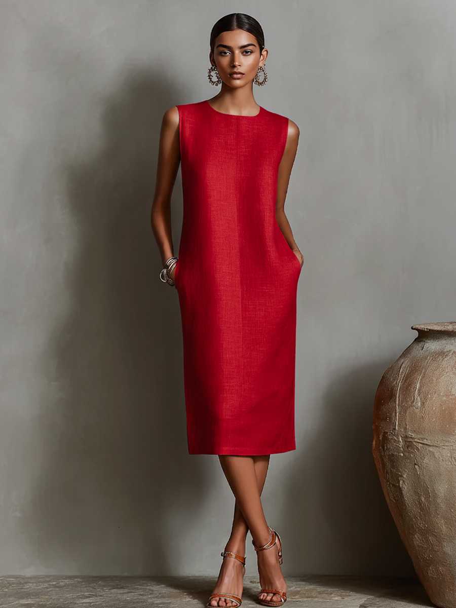 Dames Oranje Linnen Shift Jurk Met Mouwloze Ronde Hals & Zakken Aan De Zijkant, Tijdloze Minimalistisch-Elegante Stijl Jurk MDZ2851C7I