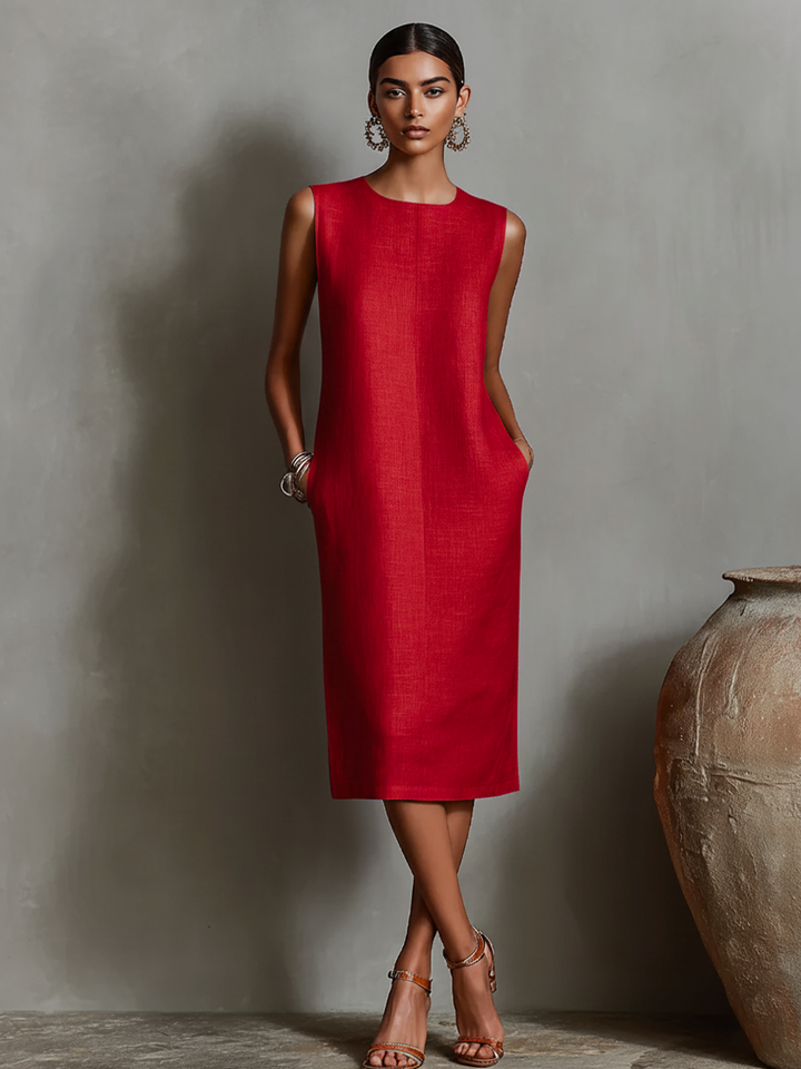 Dames Oranje Linnen Shift Jurk Met Mouwloze Ronde Hals & Zakken Aan De Zijkant, Tijdloze Minimalistisch-Elegante Stijl Jurk MDZ2851C7I