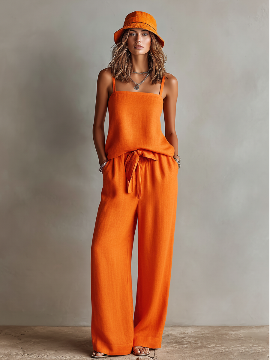 Vrouwen Oranje Linnen Twee-Piece Set Met Vierkante Hals Cami Top & Strik Taille Wijde Pantalon, Tijdloze Boho-Resort Stijl Set MDZ0825D5I