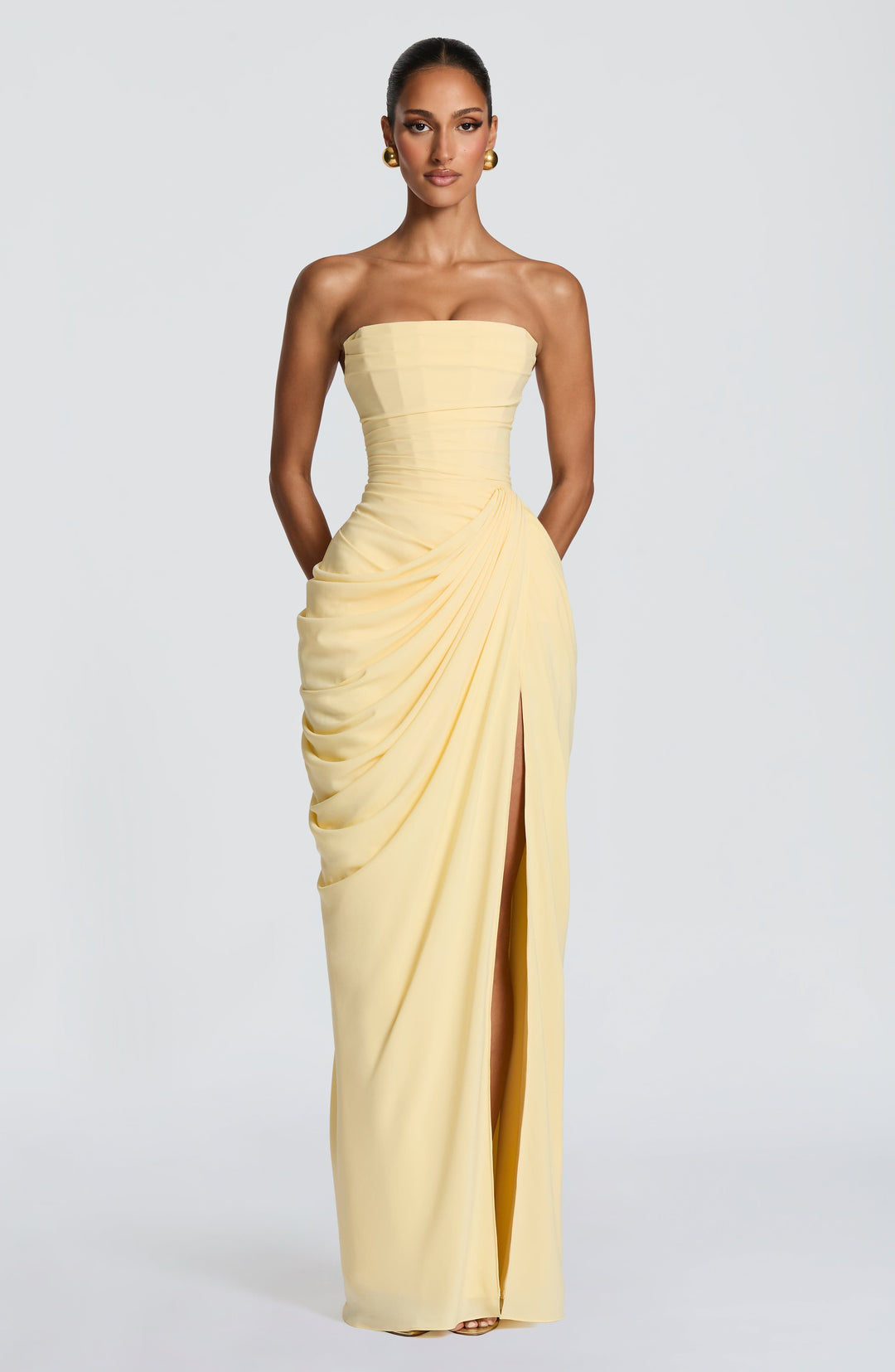 HANNAH | Elegante maxi-jurk met draperie en hoge split