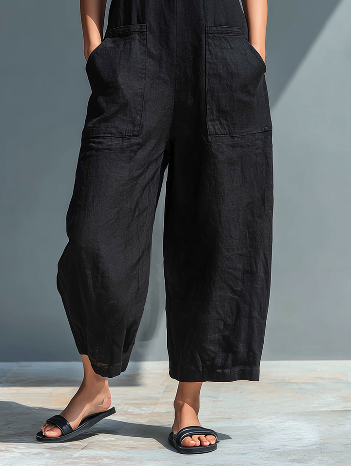 Dames Minimalistische Linnenmix Knop-up Staande Kraag Mouwloze Losse Jumpsuit MDZ2725A5Y