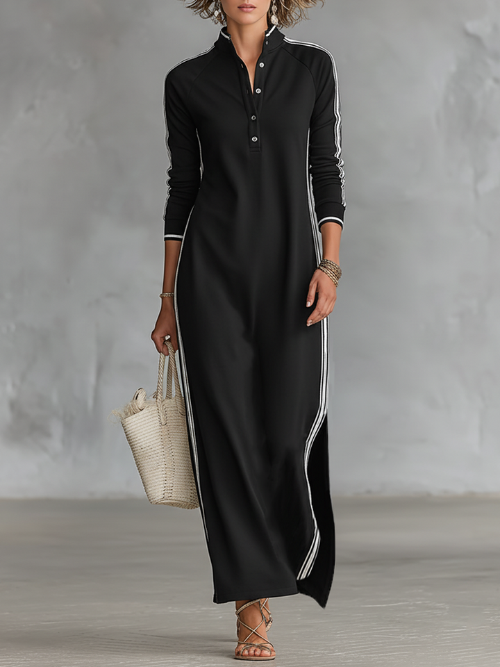 Dames Minimalistische Sweatshirt Maxi Jurk met Witte Bies en Knopen MDA0958L0Y