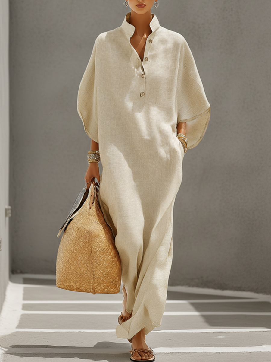 Dames Oatmeal Linnen Jurk Met Mandarin Kraag & Dolman Mouwen, Tijdloze Resort-Casual Stijl Jurk MDZ0552B1I