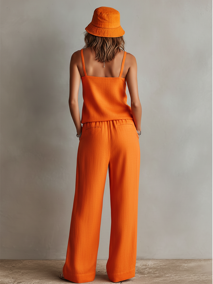 Vrouwen Oranje Linnen Twee-Piece Set Met Vierkante Hals Cami Top & Strik Taille Wijde Pantalon, Tijdloze Boho-Resort Stijl Set MDZ0825D5I