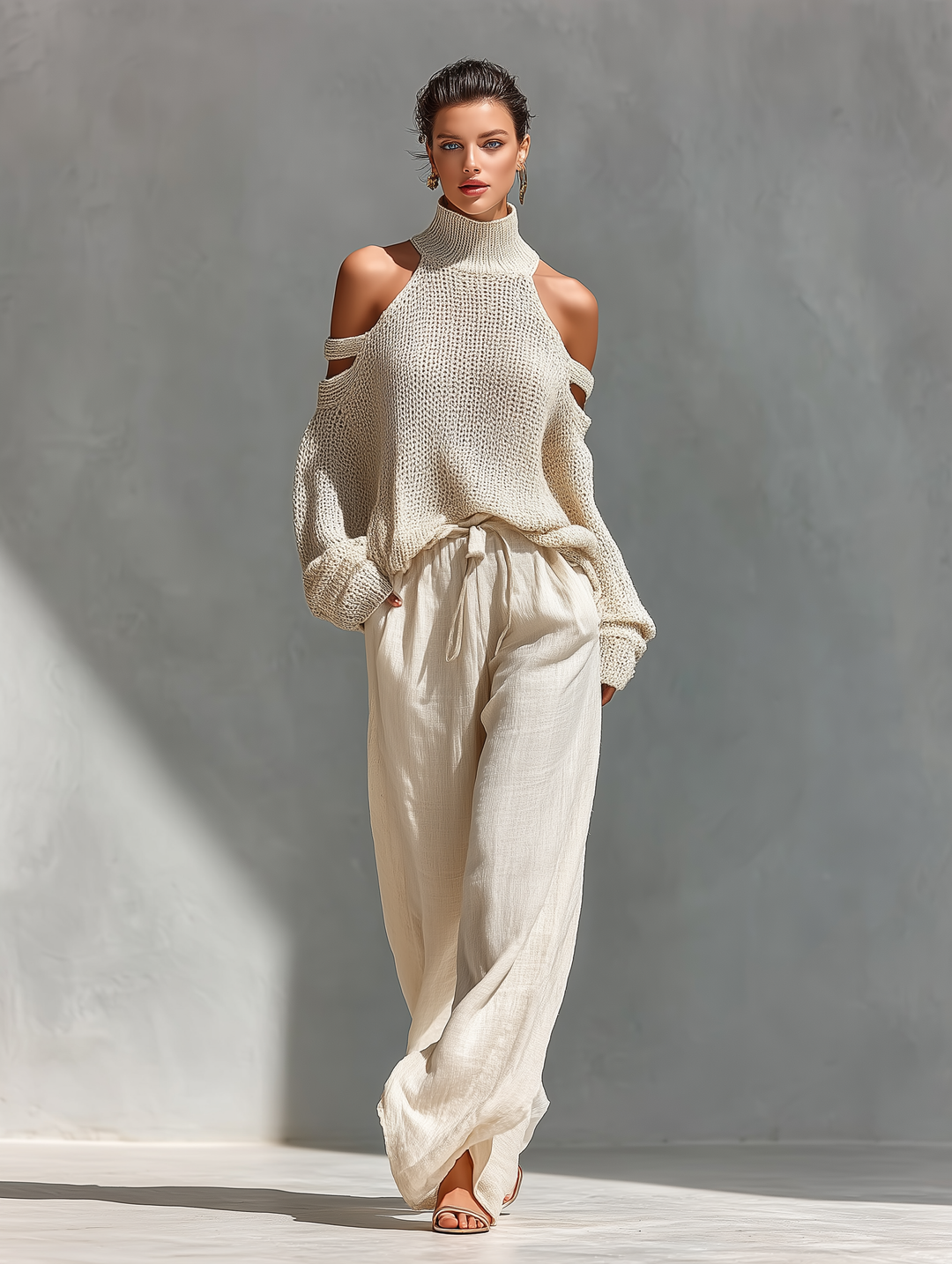 Dames Beigekleurige Gebreide Katoenen Cold-Shoulder Coltrui & Wijde Broek Set MDZ0984A5T