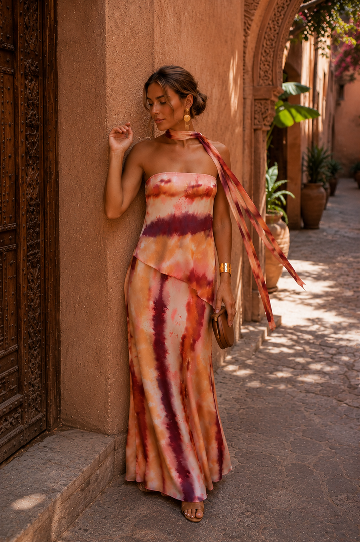 Aitana│Lang geprint jurkje met strapless halslijn