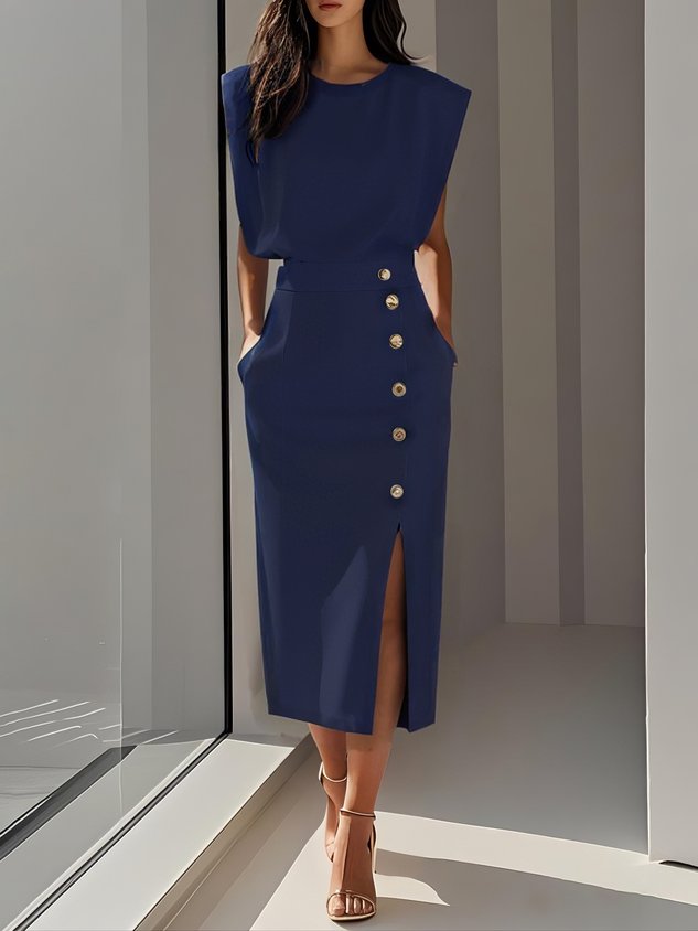 Malene™ | Effen midi-jurk met knoopsluiting en ronde hals