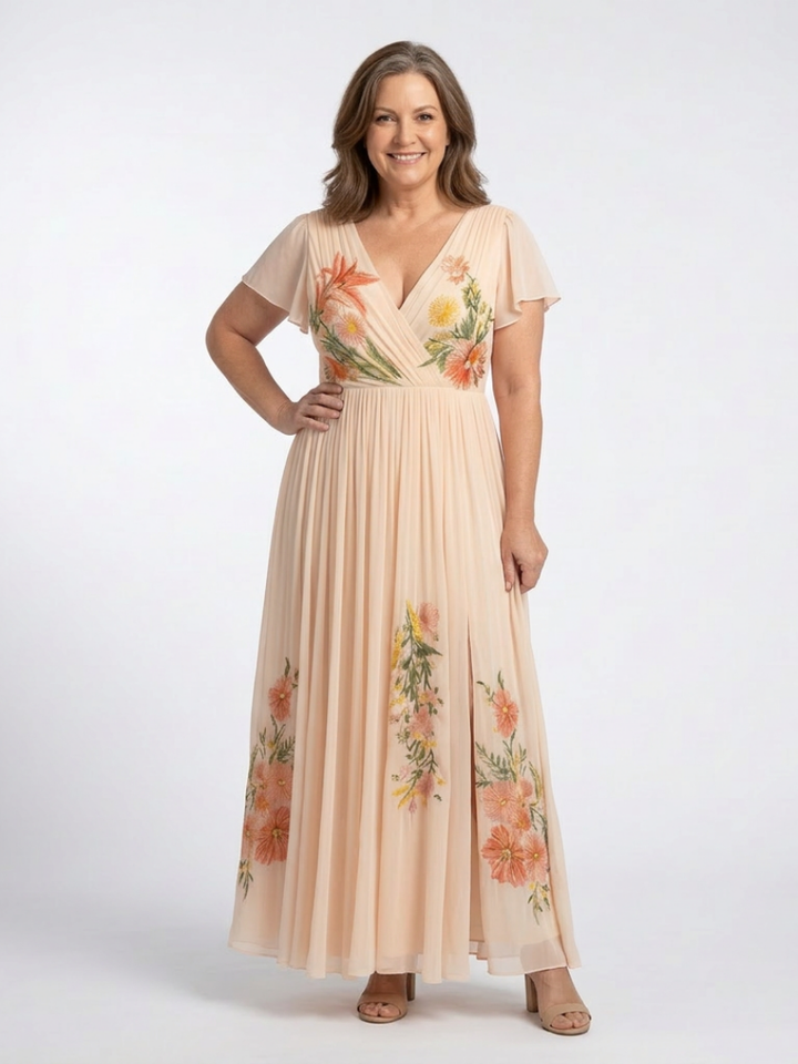 Calista | V-hals Korte Mouw Plissé Maxi Jurk