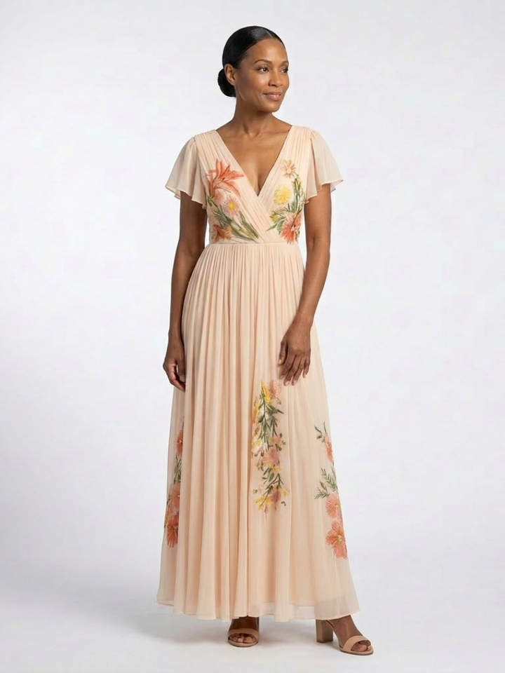 Calista | V-hals Korte Mouw Plissé Maxi Jurk