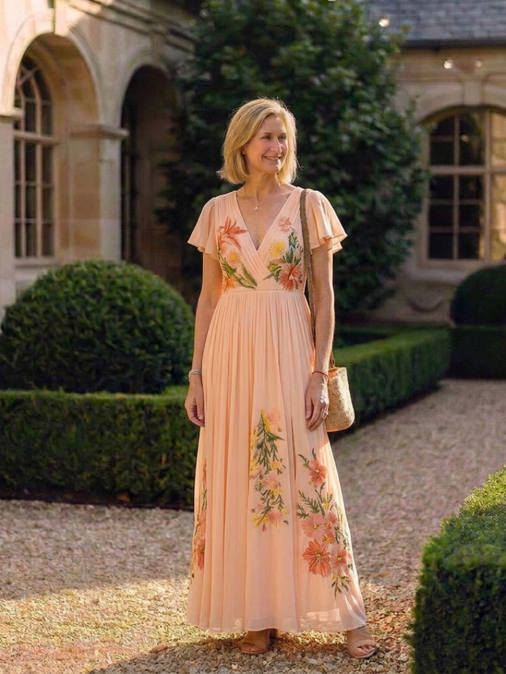 Calista | V-hals Korte Mouw Plissé Maxi Jurk