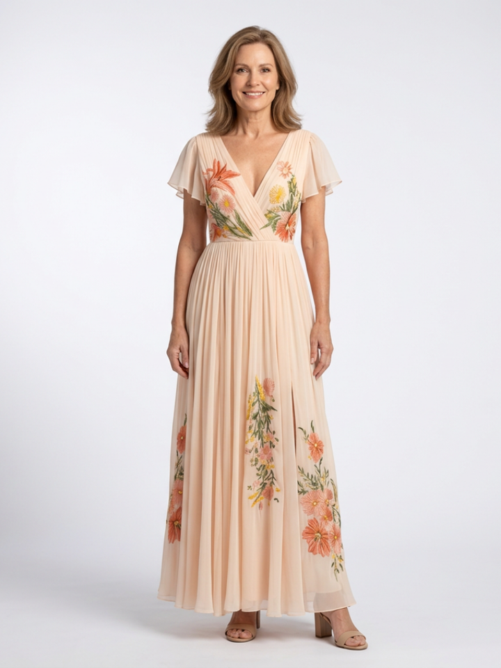 Calista | V-hals Korte Mouw Plissé Maxi Jurk