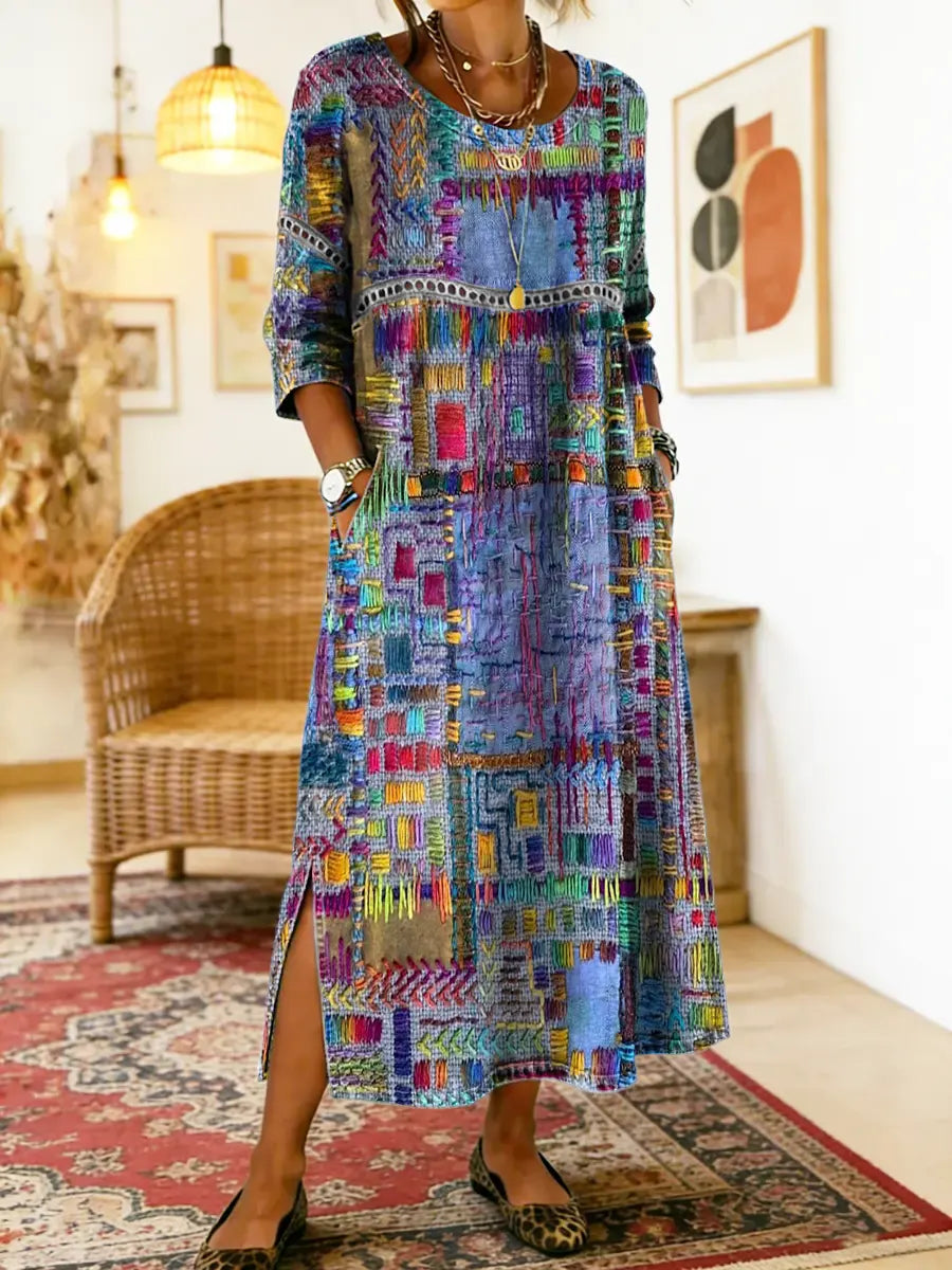 Manuela denim jurk met etnische patchwork