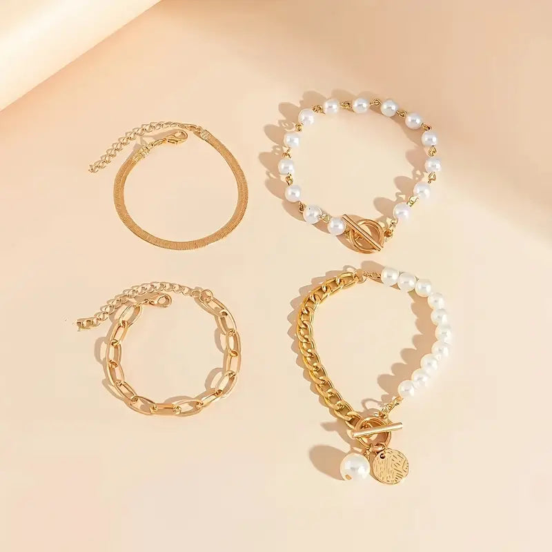 Chique gouden armbandenset (4 stuks) – slang, kralen en schakels