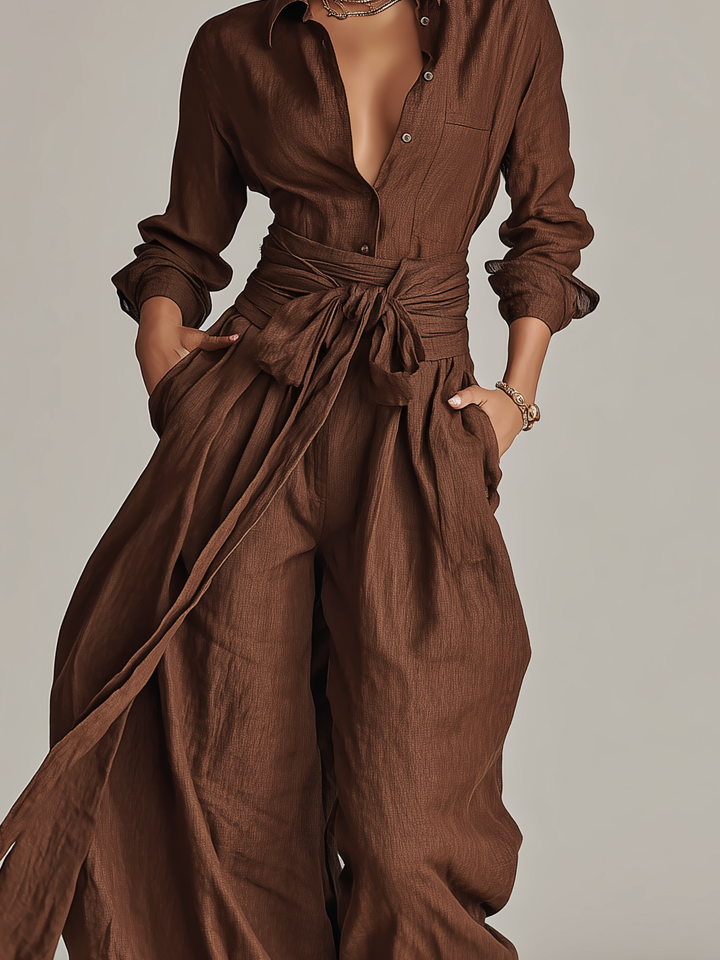Vrouwen Elegante Bruine Geweven Katoen-Linnen Lange Mouwen Overhemd Kraag Jumpsuit Met Riem MDA1965L9AN