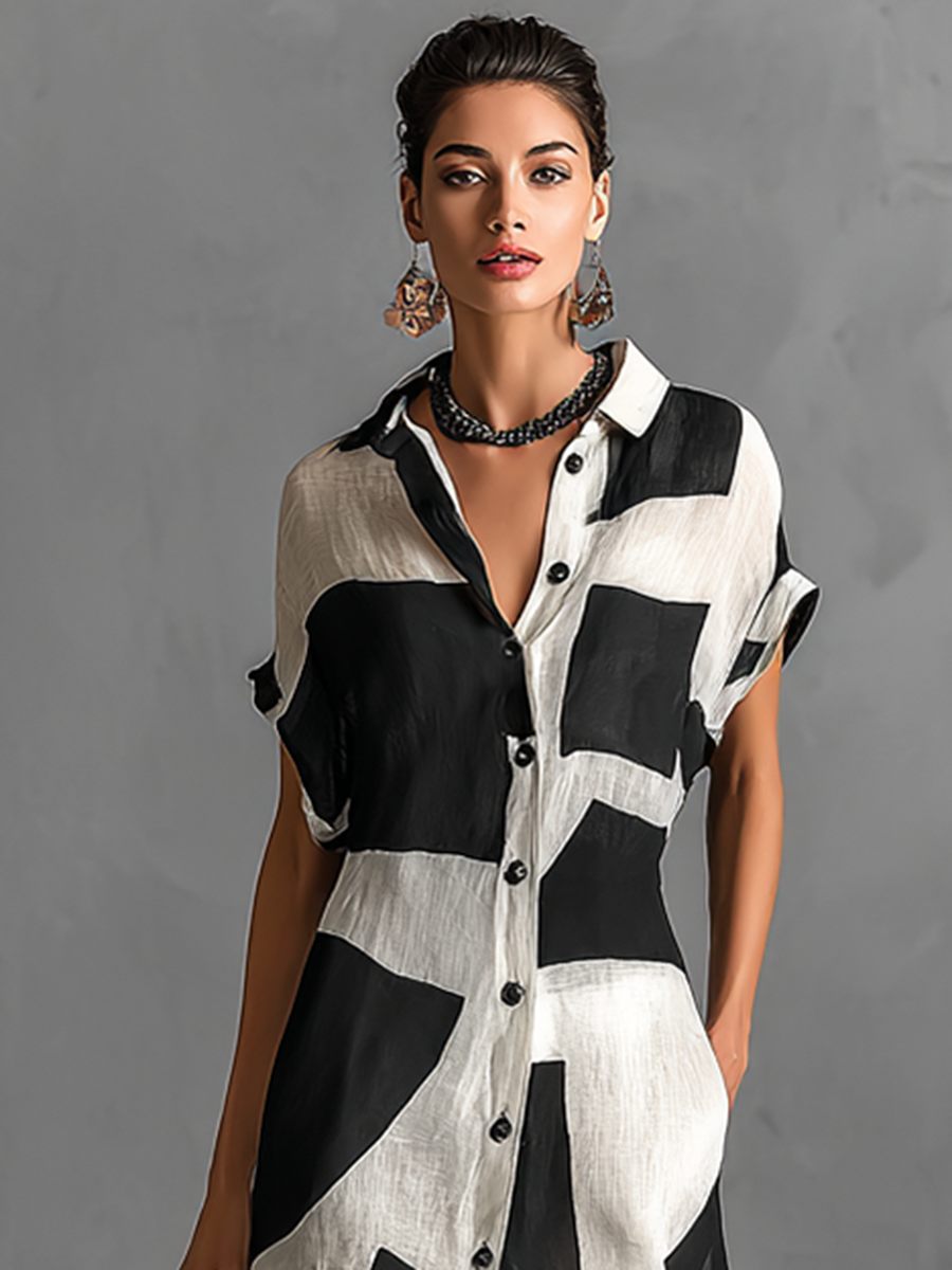 Vrouwen Katoen en Linnen Mix Onregelmatige Geometrische Print Revers Enkele Knop Korte Mouwen Maxi Overhemd Jurk MDA1689G1Y