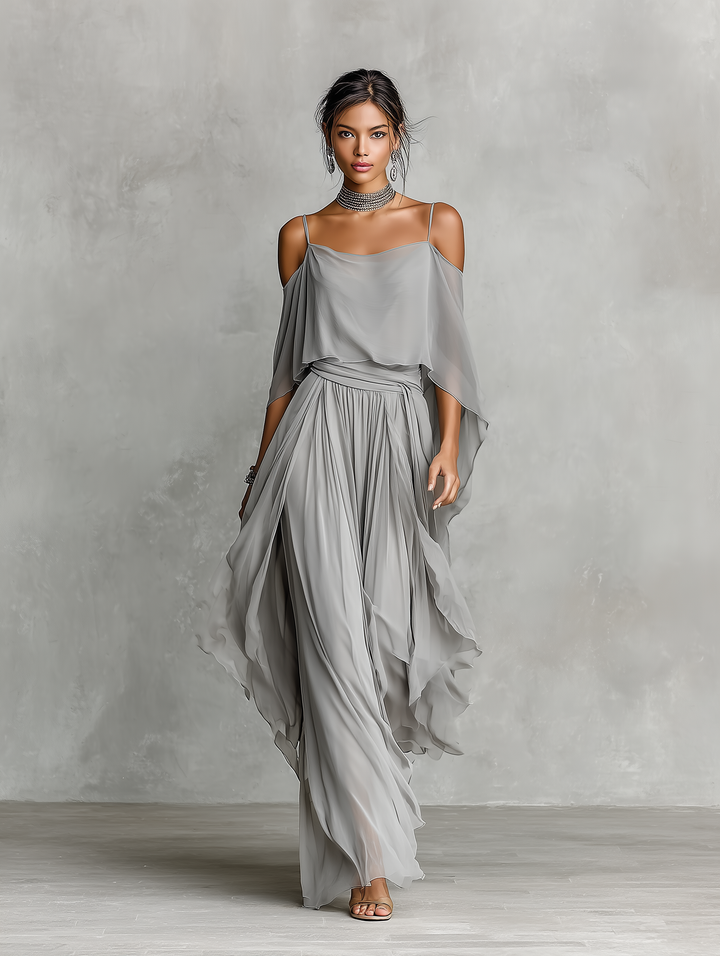 Dames Grijze Ademend Chiffon Set Met Koude Schouder Detail & Flared Silhouette, Hedendaagse Luxe-Vrouwelijke Stijl Set MDZ2651B6I