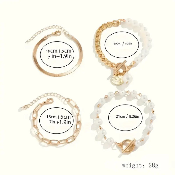Elegante 4-delige gouden armbandenset – Slang, parels en schakels