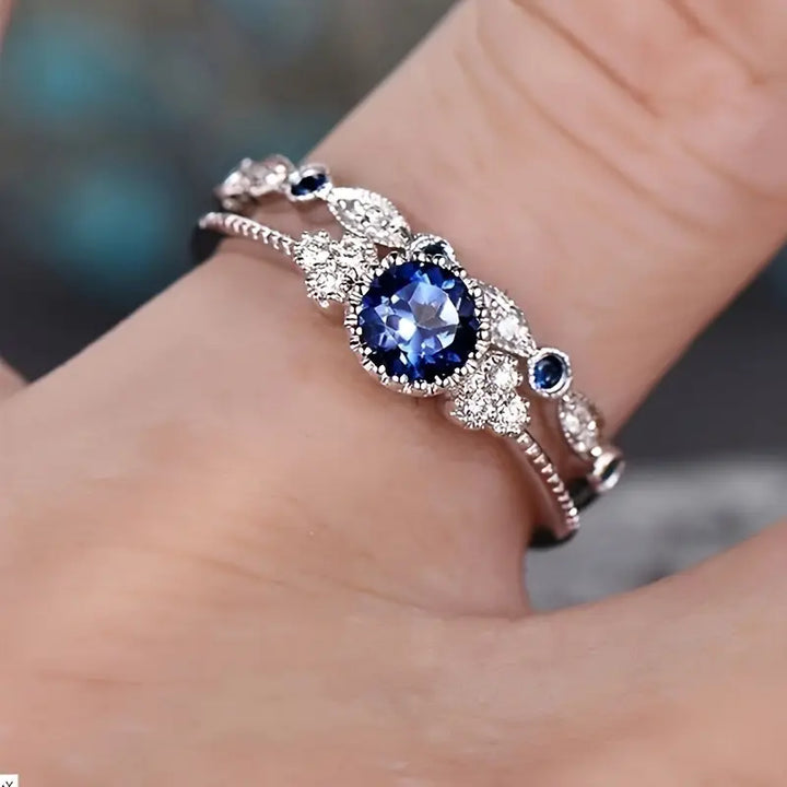 Halo Ring met Saffier in Zilver
