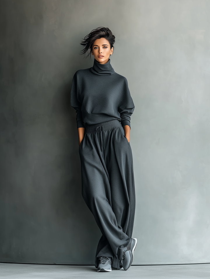 Dames Charcoal Gebreide Turtleneck Oversized Top & Brede Broek Set MDA2435L7T