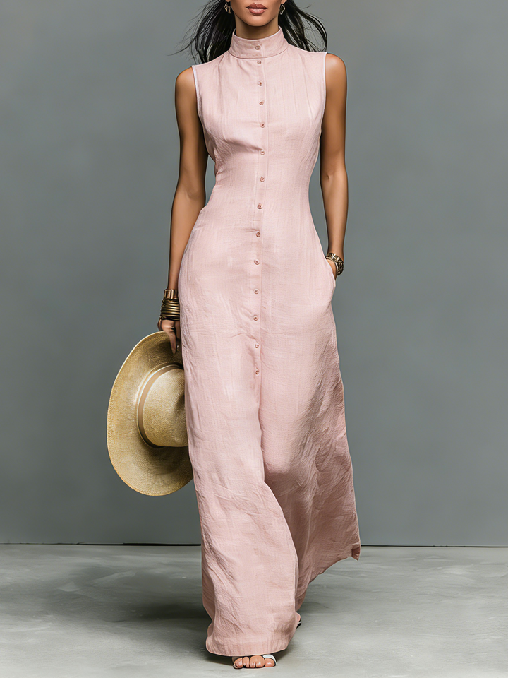 Dames Minimalistische Linnenmix Staande Kraag Enkele Knoploze Mouwloze Maxi Jurk MDZ1049C1Y