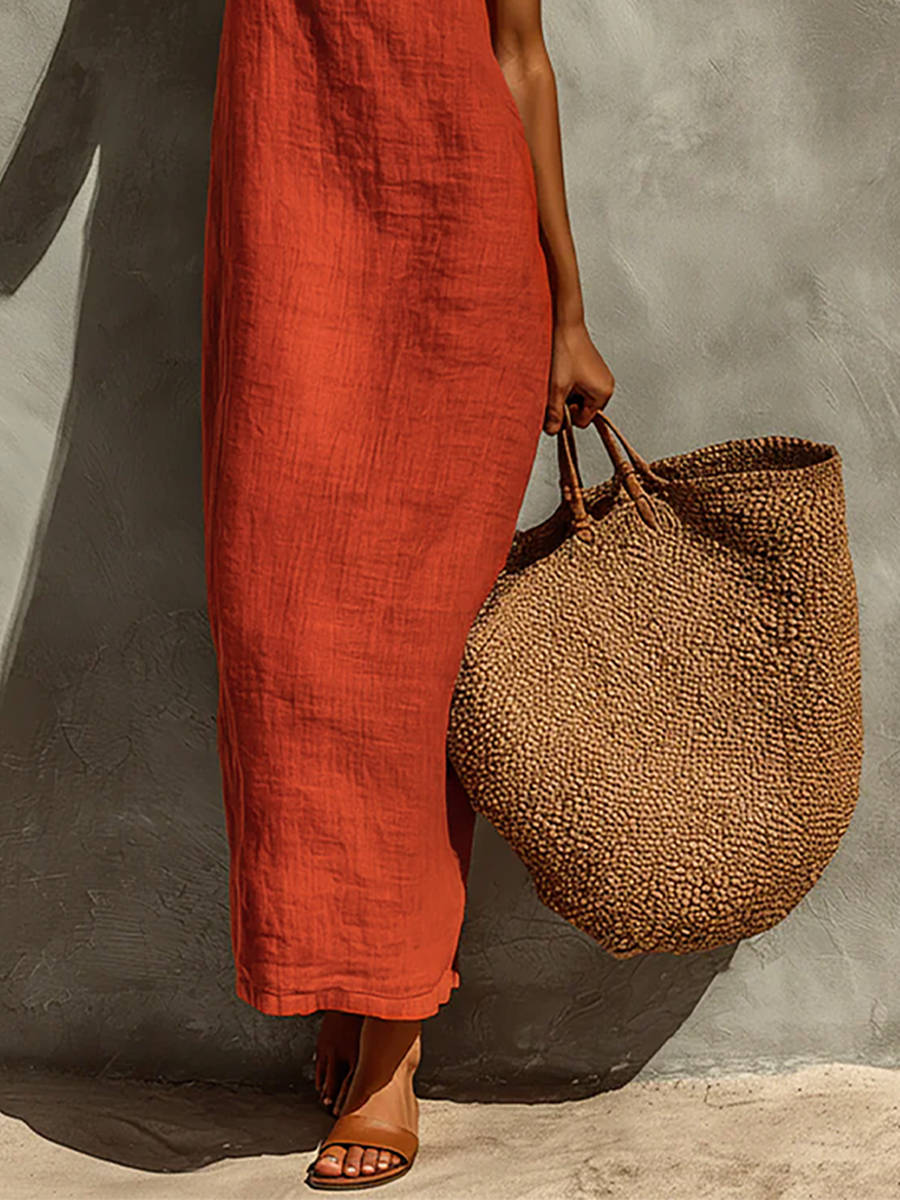 Dames Rode Katoenen Jurk Met Spaghetti Bandjes & Vierkante Hals, Tijdloze Boho-Resort Stijl Jurk MDZ0924C3I