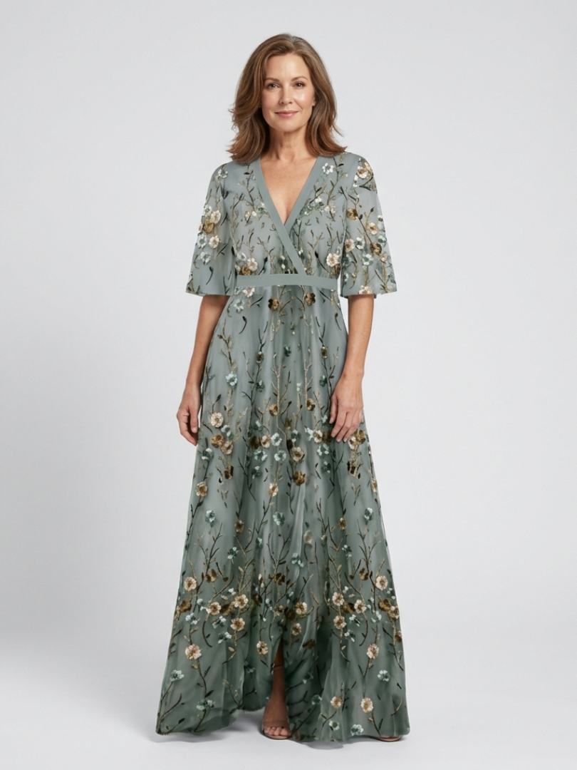 Evadne | Florale V-hals Maxi-jurk met korte mouwen