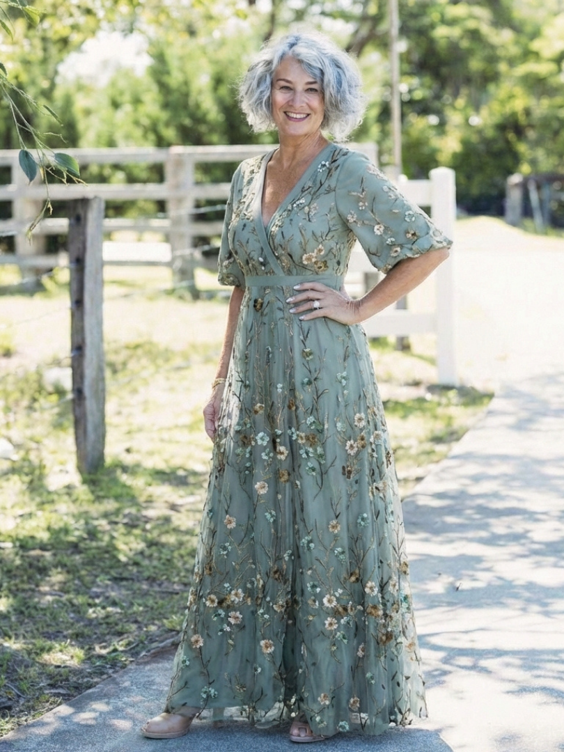 Evadne | Florale V-hals Maxi-jurk met korte mouwen