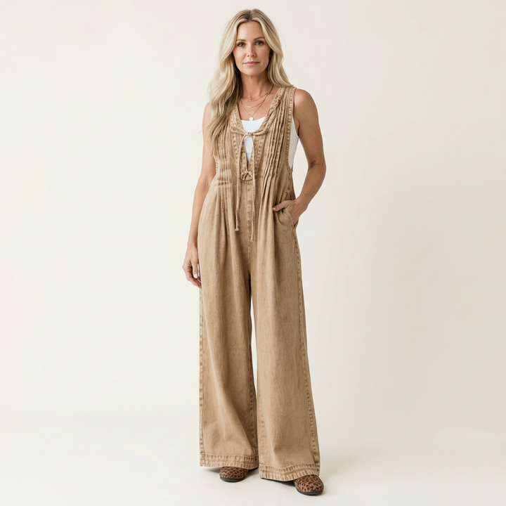 Griselda | Denim jumpsuit met wijde geplooide benen