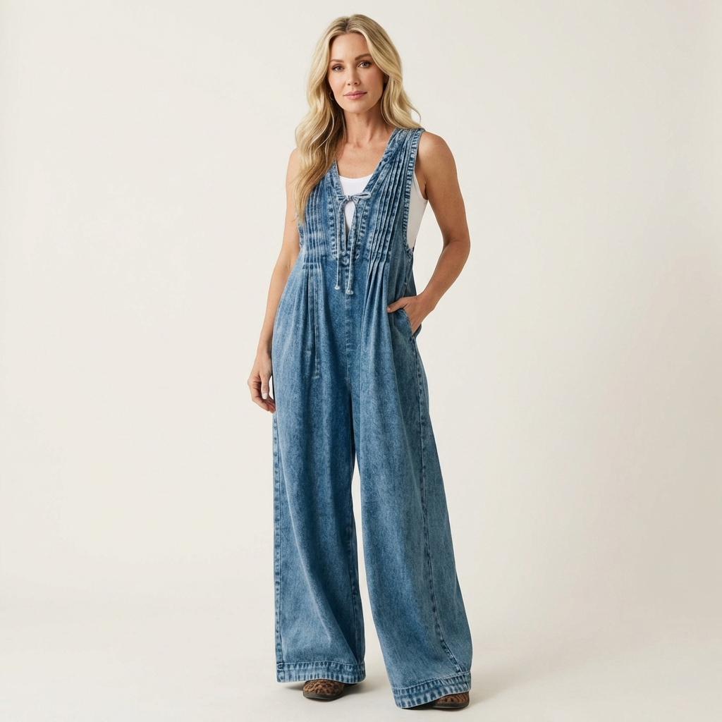 Griselda | Denim jumpsuit met wijde geplooide benen