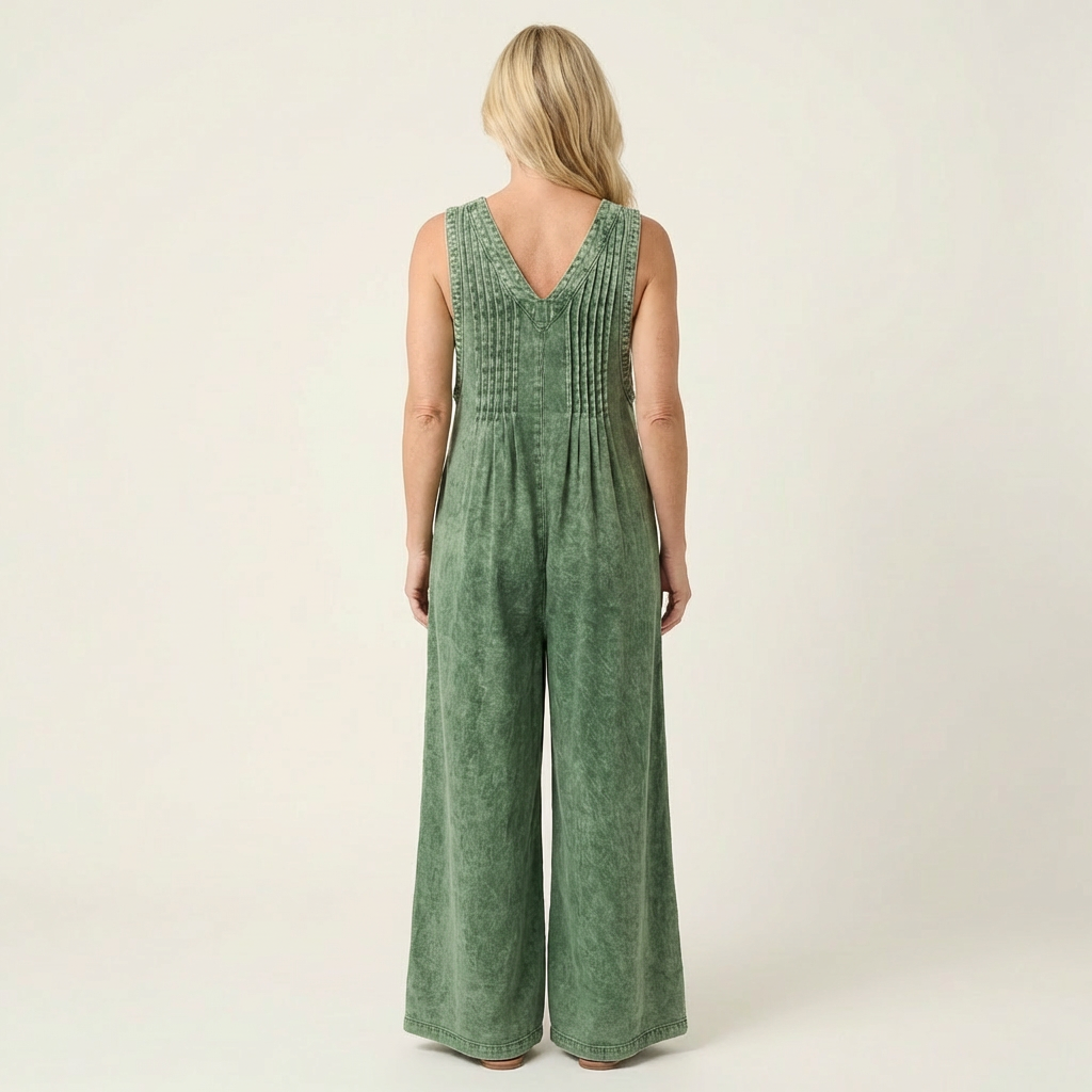 Griselda | Denim jumpsuit met wijde geplooide benen