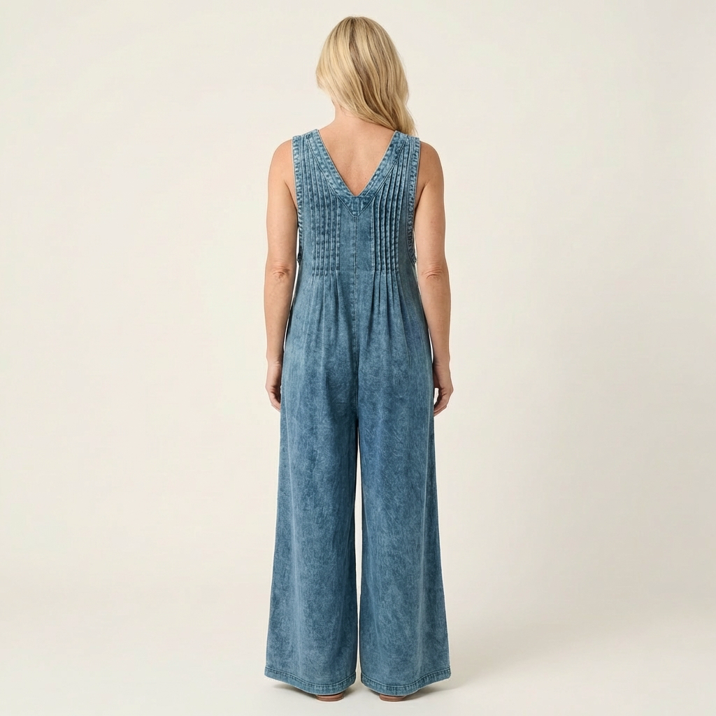 Griselda | Denim jumpsuit met wijde geplooide benen