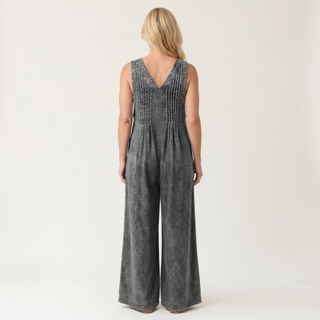 Griselda | Denim jumpsuit met wijde geplooide benen