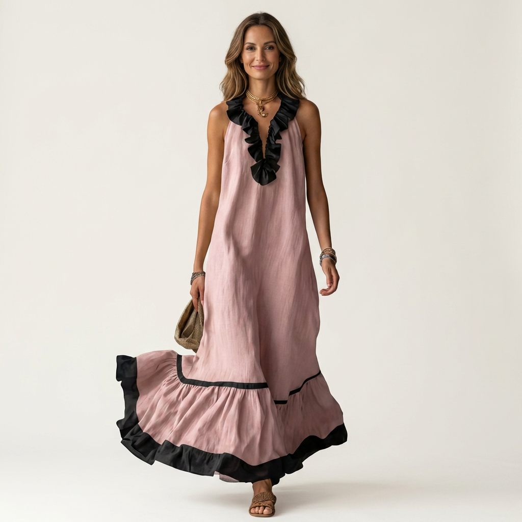 Mayline | Mouwloze Ruffle-Neck Contrast-Trim Maxi Jurk