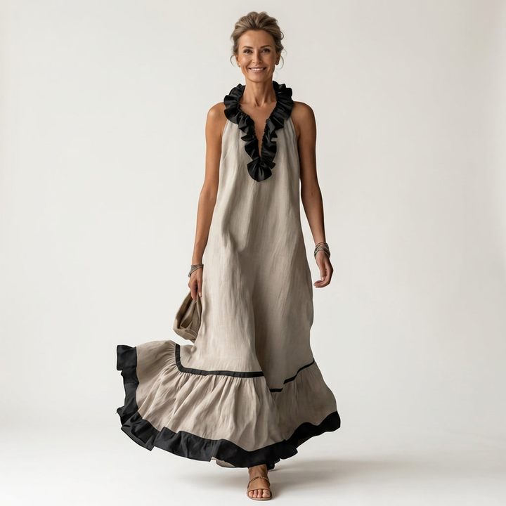 Mayline | Mouwloze Ruffle-Neck Contrast-Trim Maxi Jurk