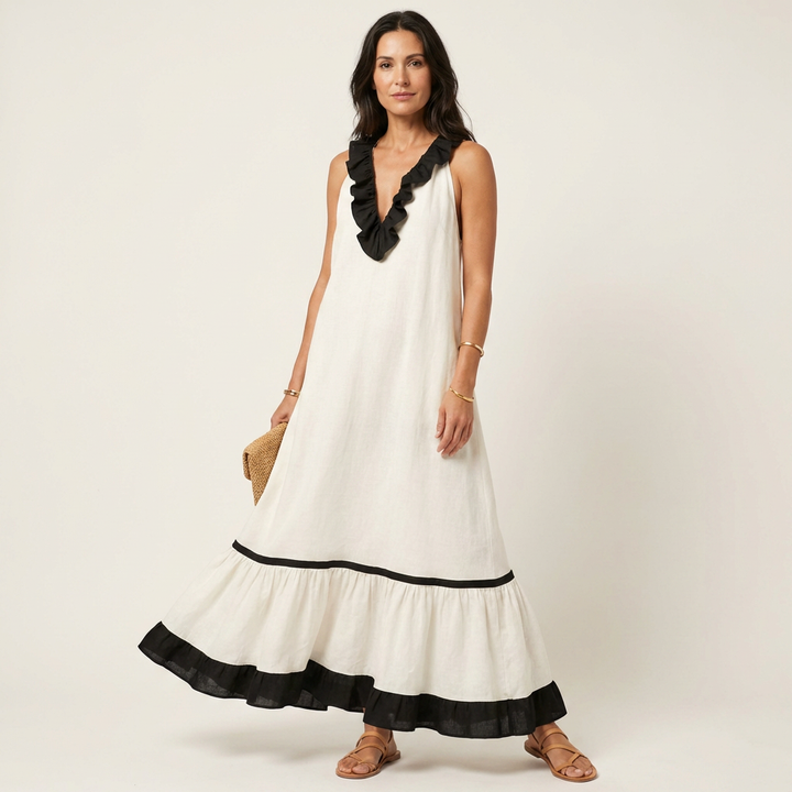 Mayline | Mouwloze Ruffle-Neck Contrast-Trim Maxi Jurk