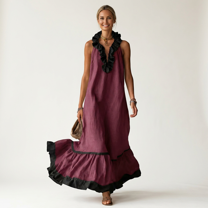 Mayline | Mouwloze Ruffle-Neck Contrast-Trim Maxi Jurk