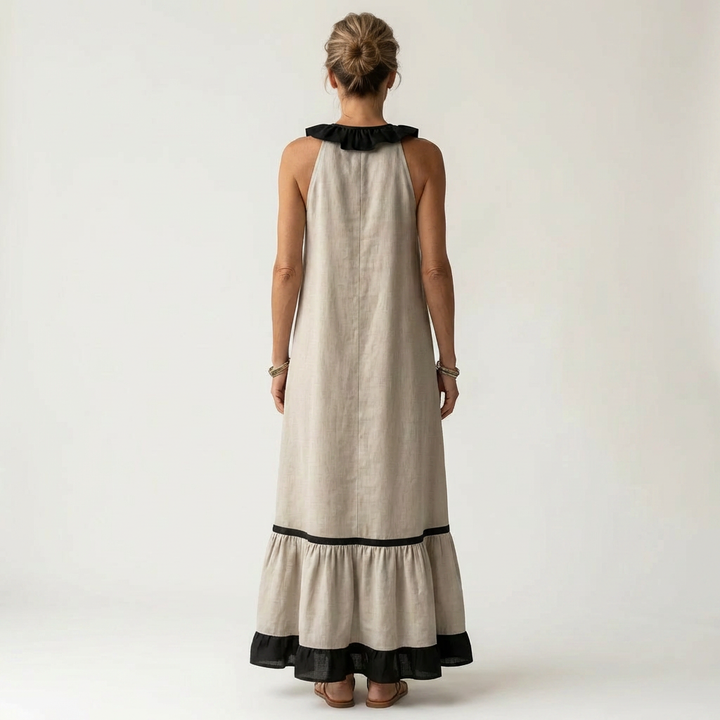 Mayline | Mouwloze Ruffle-Neck Contrast-Trim Maxi Jurk