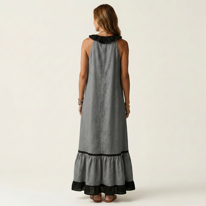 Mayline | Mouwloze Ruffle-Neck Contrast-Trim Maxi Jurk