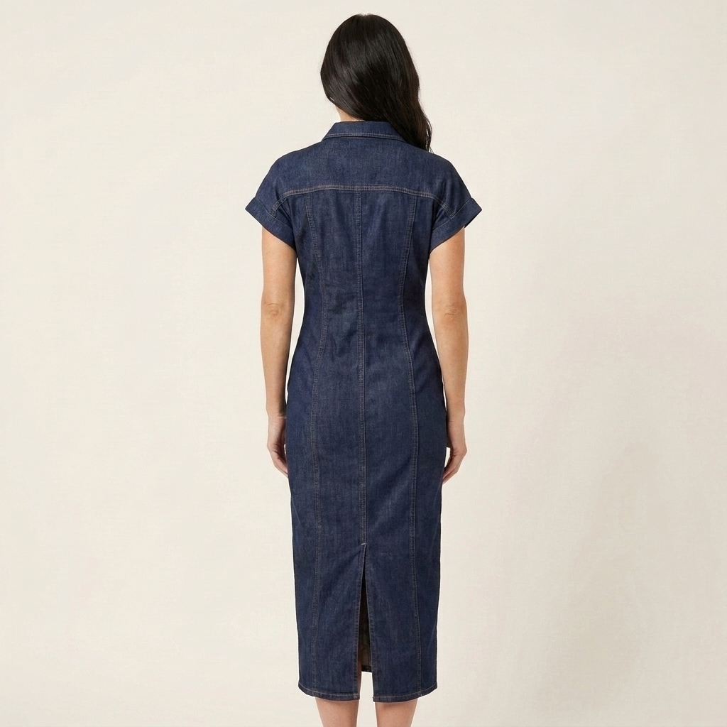 Maya | Midi Bodycon Denim Jurk met Voorzijde Knopen