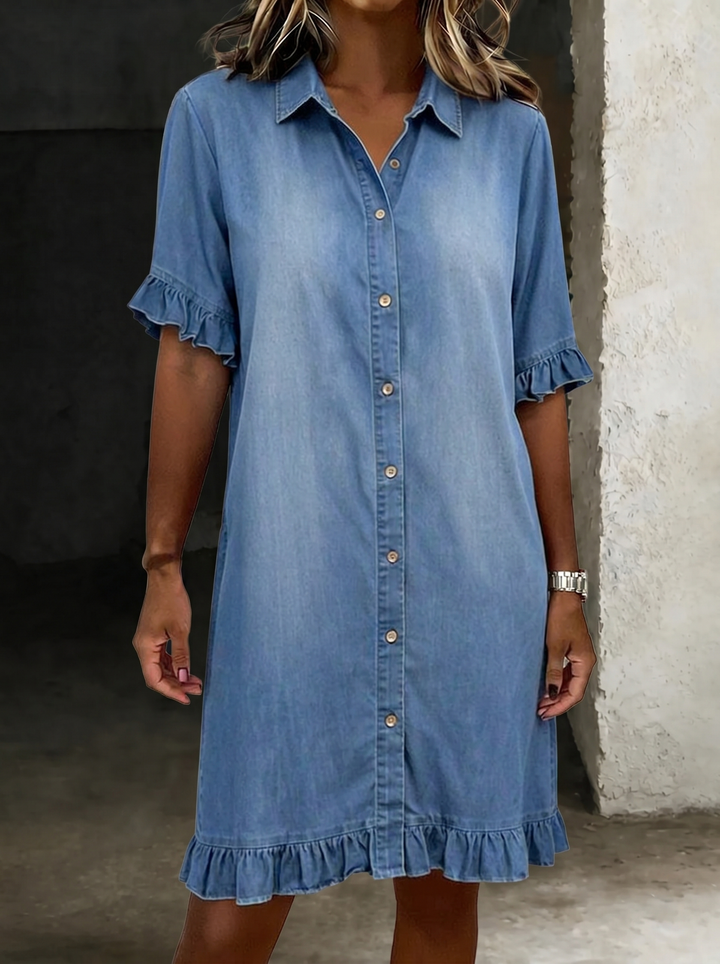 Maria | Comfortabele Denim Jurk met Flatterende Plooien